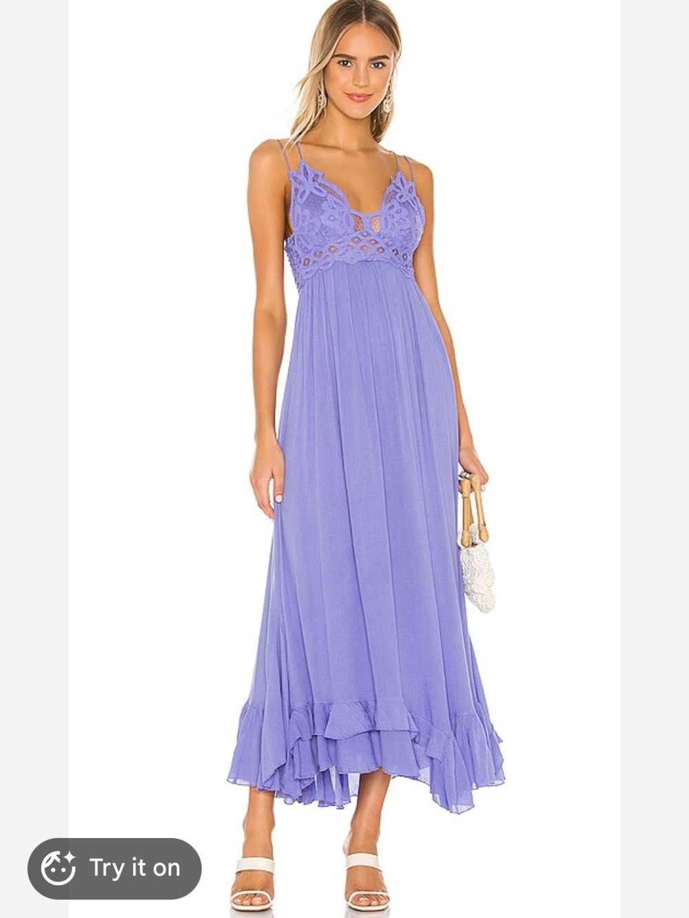 Free People Adella Maxi Slip Dress in Periwinkle Lace Ruffle Hem Small